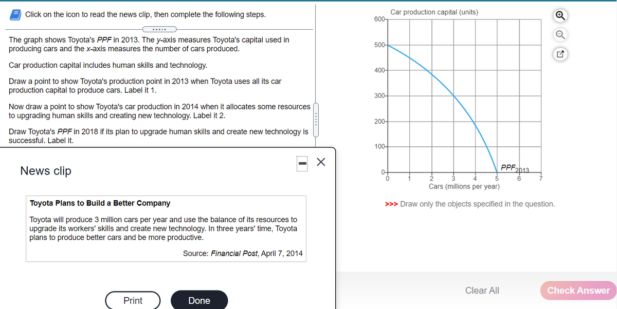 Click on the icon to read the news clip, then complete the following steps.
Car production capital (units)
600-
...I
The graph shows Toyota's PPF in 2013. The y-axis measures Toyota's capital used in
producing cars and the x-axis measures the number of cars produced.
500-
Car production capital includes human skills and technology.
400-
Draw a point to show Toyota's production point in 2013 when Toyota uses all its car
production capital to produce cars. Label it 1.
300-
Now draw a point to show Toyota's car production in 2014 when it allocates some resources
to upgrading human skills and creating new technology. Label it 2.
200-
Draw Toyota's PPF in 2018 if its plan to upgrade human skills and create new technology is
successful. Label it.
100-
News clip
PPF20:
2013
Cars (millions per year)
Toyota Plans to Build a Better Company
>>> Draw only the objects specified in the question.
Toyota will produce 3 million cars per year and use the balance of its resources to
upgrade its workers' skills and create new technology. In three years' time, Toyota
plans to produce better cars and be more productive.
Source: Financial Post, April 7, 2014
Clear All
Check Answer
Print
Done
