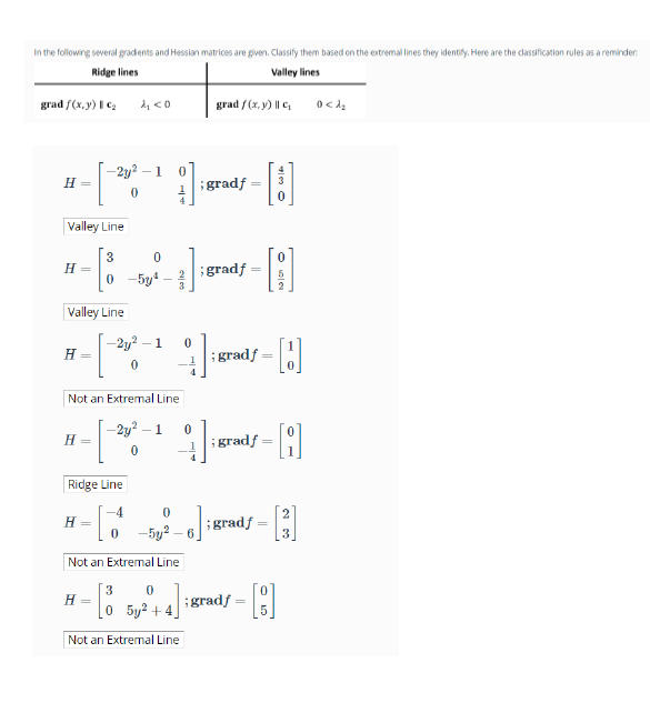 In the following several gradients and Hessian matrices are given. Classify them based on the extremal lines they identify. Here are the classification rules as a reminder
Ridge lines
Valley lines
grad f(x,y) | €2
21<0
grad f(x, y)||c
0<12
-2y2
-1
0
H=
0
Valley Line
;gradf
1
3
0
H =
0
-5y4
2 gradf
=
3
Valley Line
-2y2
1
0
H =
;gradf
=
0
Not an Extremal Line
[8]
-2y2
-1 0
H =
;gradf
=
0
[A]
Ridge Line
0
H
==
;gradf
=
0 -5y2-6,
Not an Extremal Line
3
0
H
=
;gradf
=
0 5y2+4]
Not an Extremal Line
[]