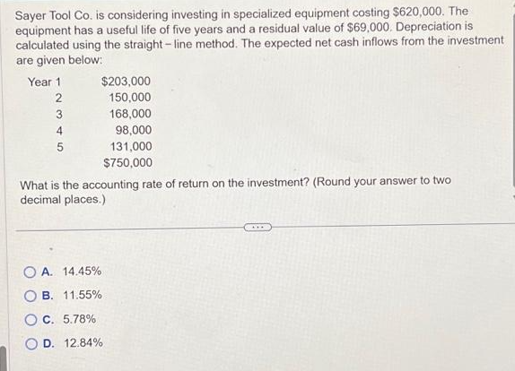 Sayer Tool Co. is considering investing in specialized equipment costing $620,000. The
equipment has a useful life of five years and a residual value of $69,000. Depreciation is
calculated using the straight-line method. The expected net cash inflows from the investment
are given below:
Year 1
2
3
4
$203,000
150,000
168,000
98,000
131,000
$750,000
What is the accounting rate of return on the investment? (Round your answer to two
decimal places.)
OA. 14.45%
B. 11.55%
OC. 5.78%
D. 12.84%