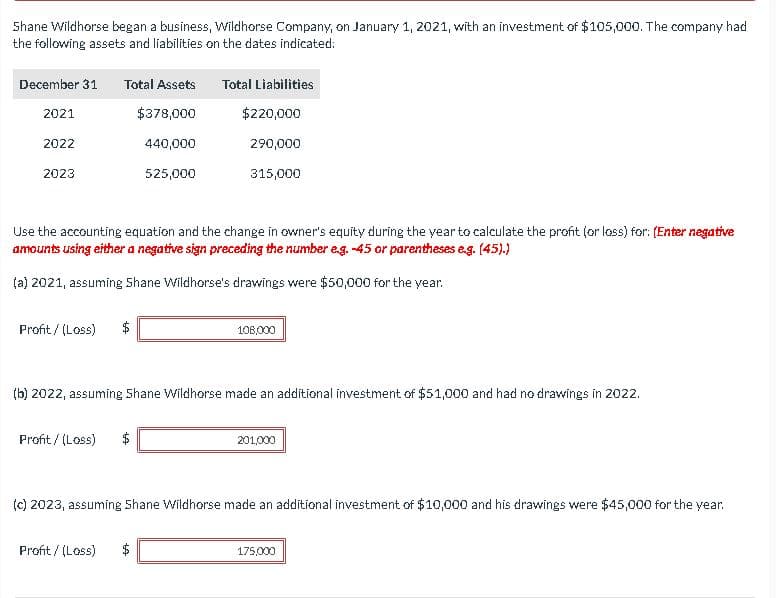 Shane Wildhorse began a business, Wildhorse Company, on January 1, 2021, with an investment of $105,000. The company had
the following assets and liabilities on the dates indicated:
December 31
Total Assets
Total Liabilities
2021
$378,000
$220,000
2022
440,000
290,000
2023
525,000
315,000
Use the accounting equation and the change in owner's equity during the year to calculate the profit (or loss) for: (Enter negative
amounts using either a negative sign preceding the number eg. -45 or parentheses eg. (45).)
(a) 2021, assuming Shane Wildhorse's drawings were $50,000 for the year.
Profit / (Loss)
108,000
(b) 2022, assuming Shane Wildhorse made an additional investment of $51,000 and had no drawings in 2022.
Profit / (Loss)
$
201,000
(c) 2023, assuming Shane Wildhorse made an additional investment of $10,000 and his drawings were $45,000 for the year.
Profit / (Loss)
$
175,000
%24
