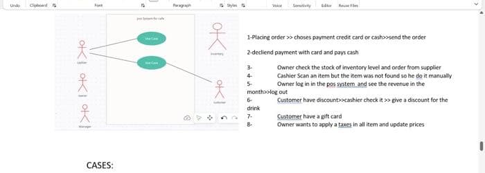 Unde
Cipboard
Font
Daragragh
Shyln
Sanuitivty
Editor Reue Fle
1-Placing order >> choses payment credit card or cash>>send the order
2-decliend payment with card and pays cash
3-
Owner check the stock of inventory level and order from supplier
Cashier Scan an item but the item was not found so he do it manually
Owner log in in the pos system and see the revenue in the
4-
5-
month>olog out
6-
Customer have discount>>cashier check it >> give a discount for the
drink
Customer have a gift card
Owner wants to apply a taxes in all item and update prices
7-
8-
CASES:
oKi
oKI
oKI OKI OK
