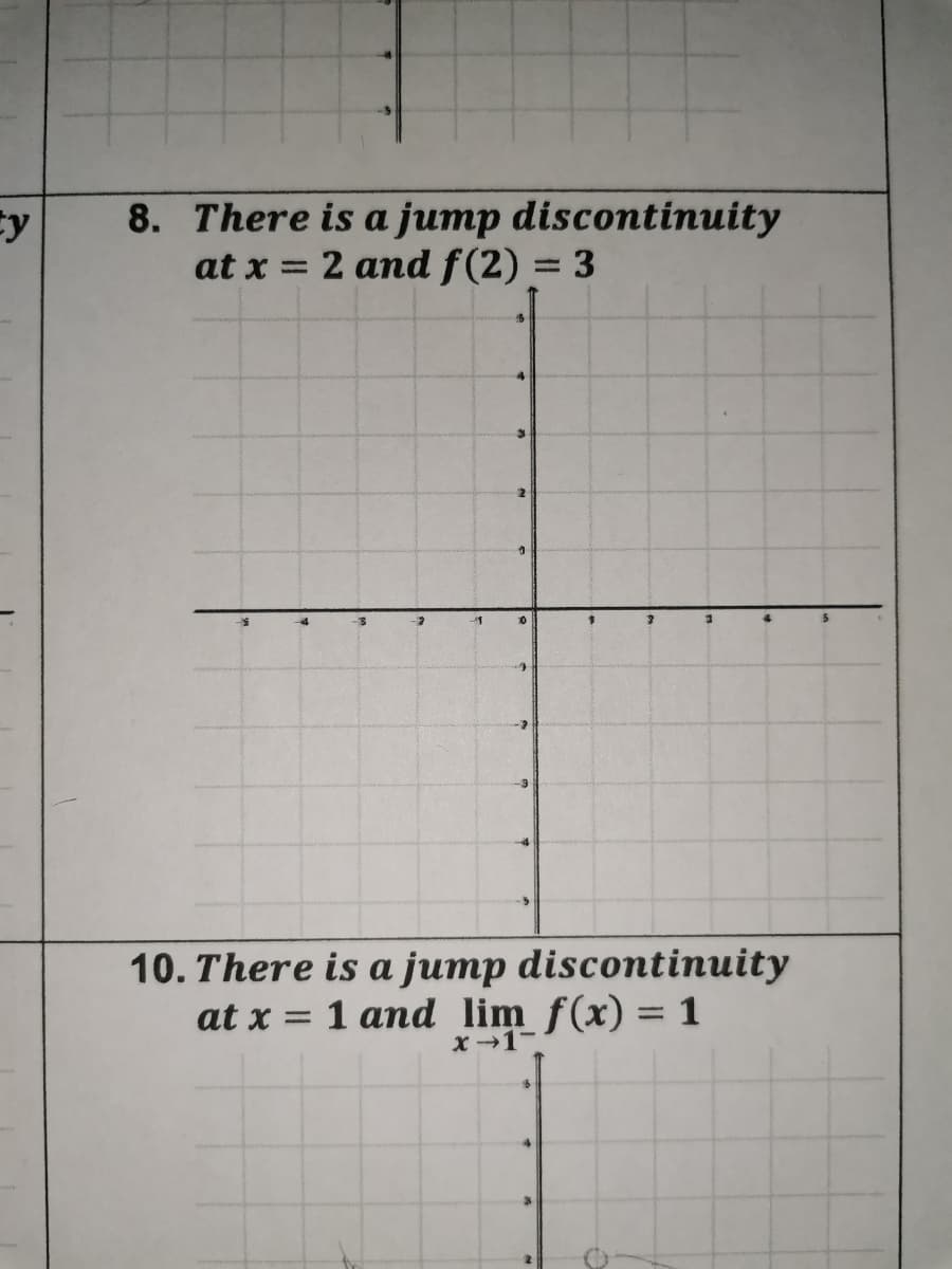 8. There is a jump discontinuity
at x = 2 and f(2) = 3
%3D
%3D
10. There is a jump discontinuity
at x = 1 and lim f(x) = 1
X →1-
