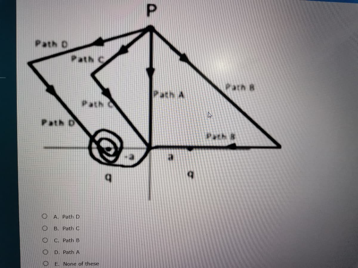 Path D
Path C
Path 8
Path A
Path D
Pach a
A. Path D
B. Path C
C. Path B
O D. Path A
O E. None of these
