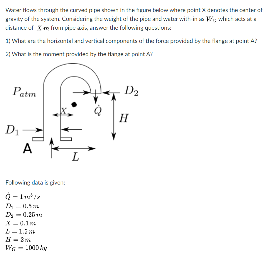 Water flows through the curved pipe shown in the figure below where point X denotes the center of
gravity of the system. Considering the weight of the pipe and water with-in as Wg which acts at a
distance of Xm from pipe axis, answer the following questions:
1) What are the horizontal and vertical components of the force provided by the flange at point A?
2) What is the moment provided by the flange at point A?
Patm
D2
H
D1
A
L
Following data is given:
Q = 1m³ /s
D1 = 0.5 m
D2 = 0.25 m
X — 0.1 т
L
1.5 m
Н — 2 т
WG = 1000 kg
