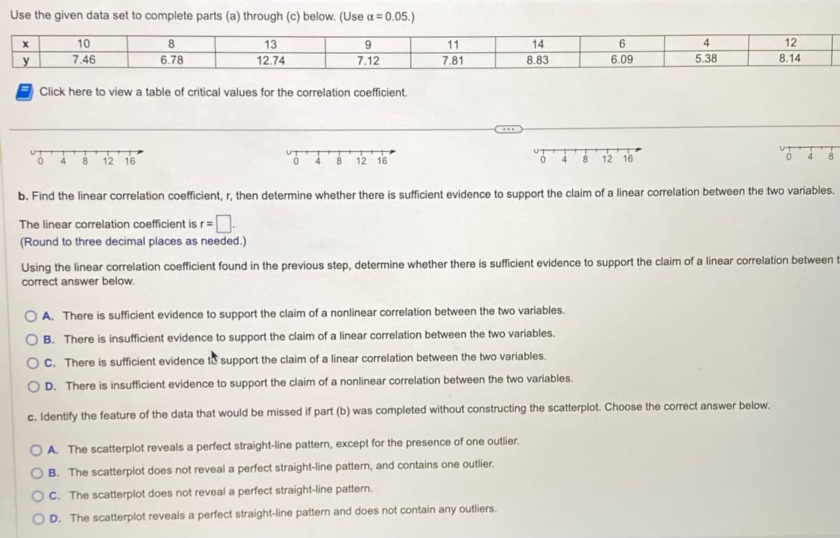 Use the given data set to complete parts (a) through (c) below. (Use α = 0.05.)
8
6.78
13
12.74
9
7.12
X
y
10
7.46
Click here to view a table of critical values for the correlation coefficient.
0
4 8
12 16
UTT
0 4 8
12 16
11
7.81
14
8.83
0 4
6
6.09
A. The scatterplot reveals a perfect straight-line pattern, except for the presence of one outlier.
OB. The scatterplot does not reveal a perfect straight-line pattern, and contains one outlier.
OC. The scatterplot does not reveal a perfect straight-line pattern.
OD. The scatterplot reveals a perfect straight-line pattern and does not contain any outliers.
8 12 16
4
5.38
12
8.14
A. There is sufficient evidence to support the claim of a nonlinear correlation between the two variables.
OB. There is insufficient evidence to support the claim of a linear correlation between the two variables.
OC. There is sufficient evidence to support the claim of a linear correlation between the two variables.
OD. There is insufficient evidence to support the claim of a nonlinear correlation between the two variables.
c. Identify the feature of the data that would be missed if part (b) was completed without constructing the scatterplot. Choose the correct answer below.
UTT
b. Find the linear correlation coefficient, r, then determine whether there is sufficient evidence to support the claim of a linear correlation between the two variables.
The linear correlation coefficient is r = 0.
(Round to three decimal places as needed.)
0 4 8
Using the linear correlation coefficient found in the previous step, determine whether there is sufficient evidence to support the claim of a linear correlation between t
correct answer below.