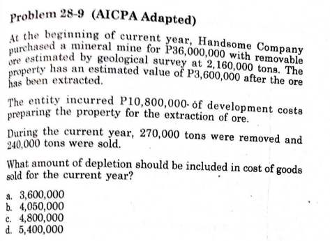 Problem 28-9 (AICPA Adapted)
purchased a mineral mine for P36,000,000 with removable
At the beginning of current year, Handsome Company
ore estimated by geological survey at 2,160,000 tons. The
property has an estimated value of P3,600,000 after the ore
has been extracted.
The entity incurred P10,800,000- of development costs
preparing the property for the extraction of ore.
During the current year, 270,000 tons were removed and
240,000 tons were sold.
What amount of depletion should be included in cost of goods
sold for the current year?
a. 3,600,000
b. 4,050,000
c. 4,800,000
d. 5,400,000