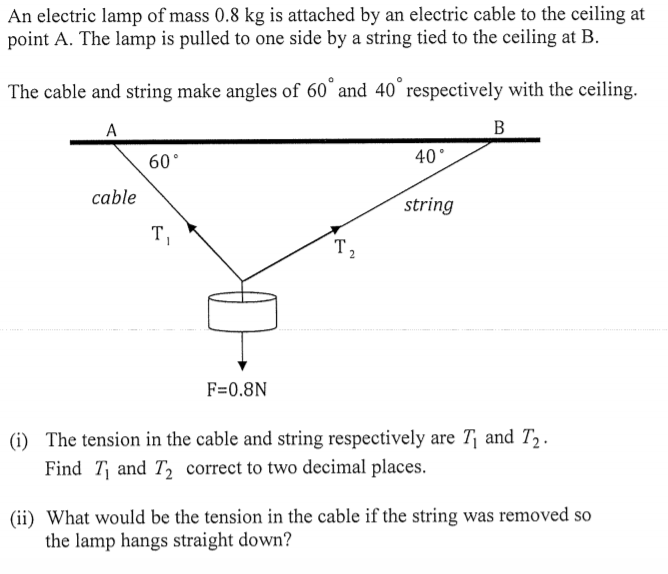 An electric lamp of mass 0.8 kg is attached by an electric cable to the ceiling at
point A. The lamp is pulled to one side by a string tied to the ceiling at B.
The cable and string make angles of 60° and 40° respectively with the ceiling.
A
B
60°
40°
cable
string
T,
T,
F=0.8N
(i) The tension in the cable and string respectively are T¡ and T, .
Find T and T, correct to two decimal places.
(ii) What would be the tension in the cable if the string was removed so
the lamp hangs straight down?
