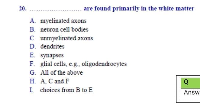 are found primarily in the white matter
A. myelinated axons
B. neuron cell bodies
C. unmyelinated axons
D. dendrites
E. synapses
F. glial cells, e.g., oligodendrocytes
G. All of the above
H. A, C andF
Q
I. choices from B to E
Ans
