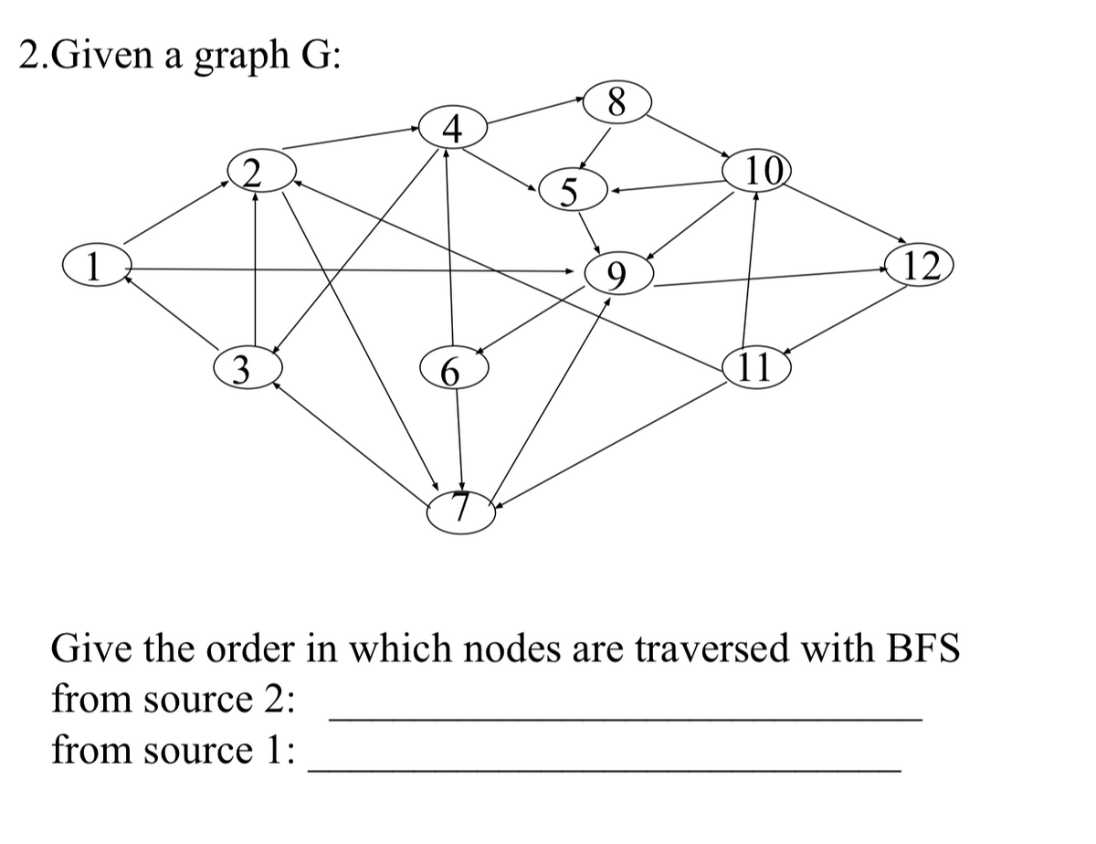 2.Given a graph G:
8.
4
10
1
12
11
Give the order in which nodes are traversed with BFS
from source 2:
from source 1:
