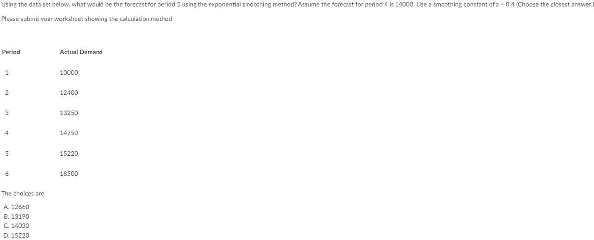 Using the data set below, what would be the forecast for period 5 using the exponential smoothing method? Assume the forecast for period 4 is 14000. Use a smoothing constant of a = 0.4 (Choose the closest answer.)
Please submit your worksheet showing the calculation method
Period
Actual Demand
1
10000
2
12400
3
13250
4
14750
5
15220
6
18500
The choices are
A. 12660
B. 13190
C. 14030
D. 15220
