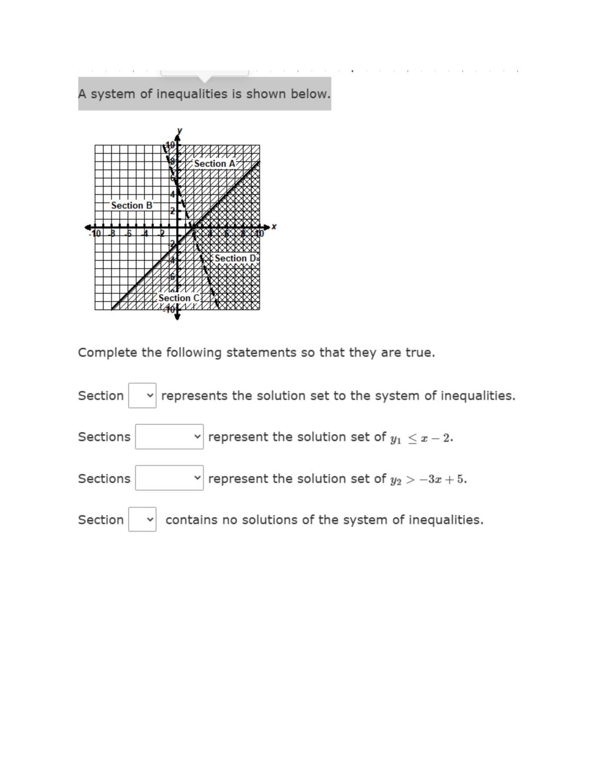 ### Educational Content: System of Inequalities

#### Graph and Explanation

The image depicts a coordinate plane divided into four regions, labeled as Sections A, B, C, and D. The divisions are created by two lines representing inequalities:

1. **Line for \( y_1 \leq x - 2 \)**
   - This line slopes upwards and has a y-intercept at \(-2\). It divides the plane into two regions: one where \( y \) values are less than or equal to \( x - 2 \).

2. **Line for \( y_2 > -3x + 5 \)**
   - This line slopes downwards and has a y-intercept at \(5\). It divides the plane into regions where \( y \) values are greater than \(-3x + 5\).

The intersection and shading of these regions identify the solution sets for the system of inequalities.

#### Statements to Complete

- Section \( \_\_\_ \) represents the solution set to the system of inequalities.
- Sections \( \_\_\_ \) represent the solution set of \( y_1 \leq x - 2 \).
- Sections \( \_\_\_ \) represent the solution set of \( y_2 > -3x + 5 \).
- Section \( \_\_\_ \) contains no solutions of the system of inequalities.

By examining the graph:

- **Section A** is located above both lines, indicating it is not a solution to either inequality.
- **Section B** is below the line \( y_1 = x - 2 \) and above the line \( y_2 = -3x + 5 \), suggesting it satisfies both inequalities, making it the solution to the system.
- **Section C** is only below the line \( y_1 = x - 2 \).
- **Section D** is below the line \( y_2 = -3x + 5 \).

Fill in the appropriate sections based on these observations:

- Section **B** represents the solution set to the system of inequalities.
- Sections **B and C** represent the solution set of \( y_1 \leq x - 2 \).
- Sections **B and D** represent the solution set of \( y_2 > -3x + 5 \).
- Section **A** contains no solutions of the system of inequalities.