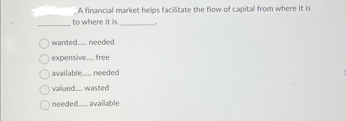 A financial market helps facilitate the flow of capital from where it is
to where it is
wanted..... needed
expensive.... free
available..... needed
valued.... wasted
Oneeded...... available