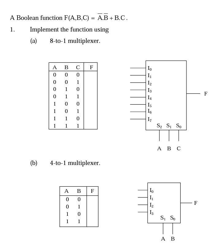 A Boolean function F(A,B,C) = A.B + B.C.
1.
Implement the function using
(a)
8-to-1 multiplexer.
A B
с F
Io
I
1
I2
1
I3
F
1
1
I4
1
Is
1
1
I6
1
1
I7
1
1
1
S2 S, So
Авс
(b)
4-to-1 multiplexer.
A B
I
F
1
I2
I3
S, So
1
1
1
А В
