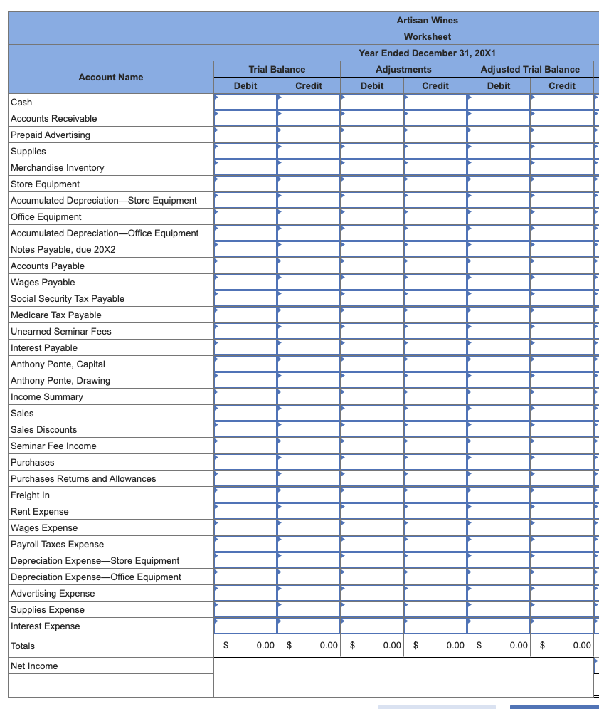 Account Name
Cash
Accounts Receivable
Prepaid Advertising
Supplies
Merchandise Inventory
Store Equipment
Accumulated Depreciation-Store Equipment
Office Equipment
Accumulated Depreciation Office Equipment
Notes Payable, due 20X2
Accounts Payable
Wages Payable
Social Security Tax Payable
Medicare Tax Payable
Unearned Seminar Fees
Interest Payable
Anthony Ponte, Capital
Anthony Ponte, Drawing
Income Summary
Sales
Sales Discounts
Seminar Fee Income
Purchases
Purchases Returns and Allowances
Freight In
Rent Expense
Wages Expense
Payroll Taxes Expense
Depreciation Expense-Store Equipment
Depreciation Expense-Office Equipment
Advertising Expense
Supplies Expense
Interest Expense
Totals
Net Income
$
Trial Balance
Debit
0.00 $
Credit
0.00
$
Artisan Wines
Worksheet
Year Ended December 31, 20X1
Adjustments
Debit
0.00
$
Credit
Adjusted Trial Balance
Debit
Credit
0.00 $
0.00
$
0.00