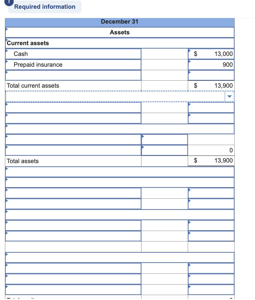 Required information
Current assets
Cash
Prepaid insurance
Total current assets
Total assets
December 31
Assets
$
$
GA
$
13,000
900
13,900
0
13,900