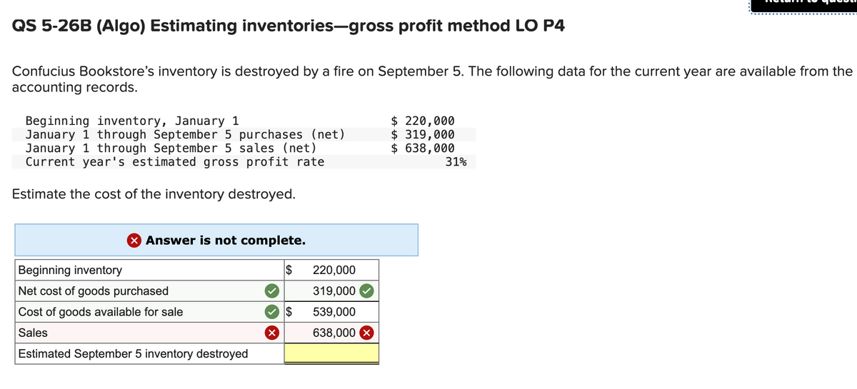 QS 5-26B (Algo) Estimating inventories-gross profit method LO P4
Confucius Bookstore's inventory is destroyed by a fire on September 5. The following data for the current year are available from the
accounting records.
Beginning inventory, January 1
January 1 through September 5 purchases (net)
January 1 through September 5 sales (net)
Current year's estimated gross profit rate
Estimate the cost of the inventory destroyed.
X Answer is not complete.
Beginning inventory
Net cost of goods purchased
Cost of goods available for sale
Sales
Estimated September 5 inventory destroyed
$
$
220,000
319,000
539,000
638,000
$ 220,000
$ 319,000
$ 638,000
31%