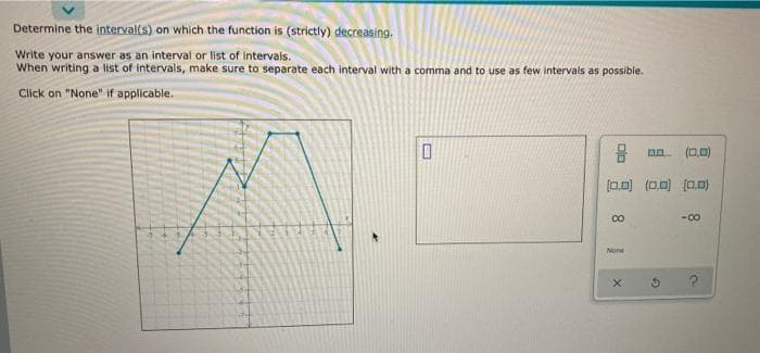 Determine the interval(s) on which the function is (strictly) decreasing.
Write your answer as an interval or list of intervals.
When writing a list of intervals, make sure to separate each interval with a comma and to use as few intervals as possible.
Click on "None" if applicable.
na (0.0)
(00) (0.0) (.0)
-00
None
pin
