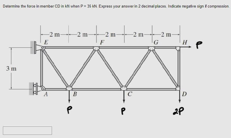 Determine the force in member CD in kN when P = 35 kN. Express your answer in 2 decimal places. Indicate negative sign if compression.
-2 m
-2 m
2 m
-2 m
-2 m
F
G
H
E
3 m
D
A
В
