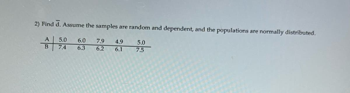 2) Find d. Assume the samples are random and dependent, and the populations are normally distributed.
5.0 6.0
7.4
6.3
A
B
7.9
6.2
4.9
6.1
5.0
7.5