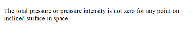 The total pressure or pressure intensity is not zero for any point on
inclined surface in space.
