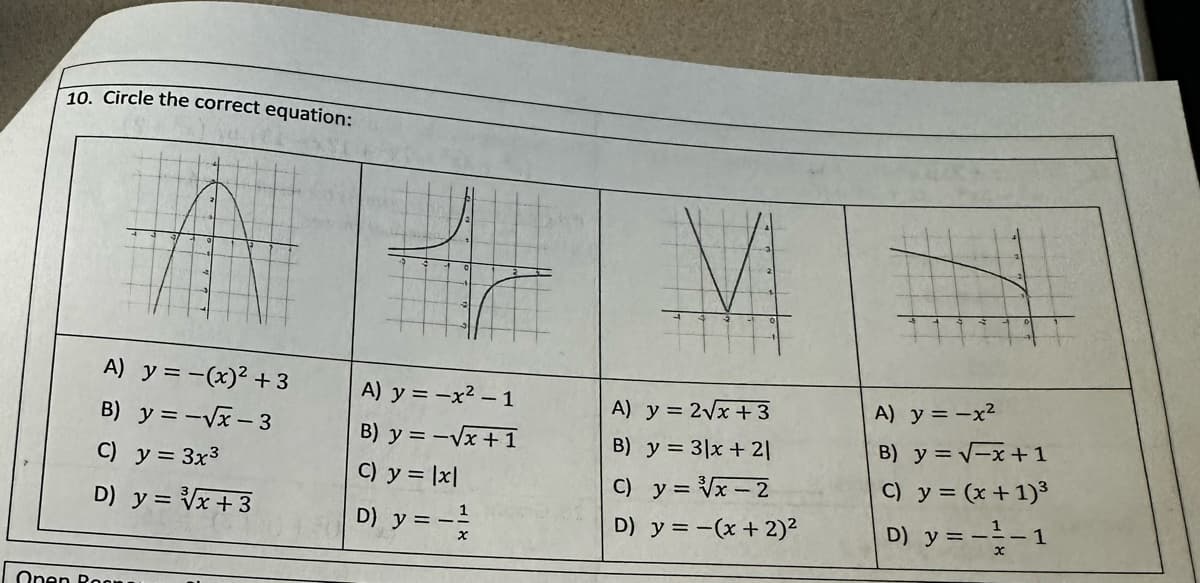 10. Circle the correct equation:
A) y = -(x)² + 3
B) y = -√x - 3
C) y = 3x³
D) y = √√x +3
Open Room
A) y = -x² - 1
B) y = -√x + 1
C) y = |x|
1
D) y = - = /2
V
A) y = 2√x +3
B) y = 3|x + 2]
C) y = ³√√x-2
D) y = -(x + 2)²
A) y = -x²
B) y = √√√x+1
C) y = (x + 1)³
D) y = -1/-1