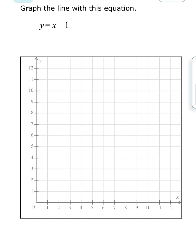 Graph the line with this equation.
y=x+1
12-
11+
10+
3+
3
4
6.
7
8
9.
10
11
12
