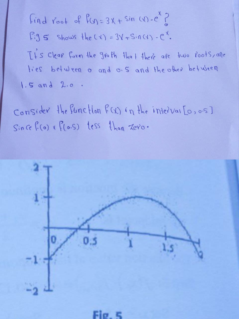 find root of f(n) = 3X + Sin (x) - e²?
fig 5 shows the (x) = 3X + Sin (x) - ex.
It's clear form the graph that there are two Poots, one
lies between 0 and 0.5 and the other between
1.5 and 2.0.
Consider the function F(x) in the interval [0, 0.5]
Since f(0) * f(0.5) less than Zero.
X
f
0
0.5
-2
Fig. 5
1.5