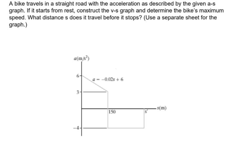 A bike travels in a straight road with the acceleration as described by the given a-s
graph. If it starts from rest, construct the v-s graph and determine the bike's maximum
speed. What distance s does it travel before it stops? (Use a separate sheet for the
graph.)
a(ms")
a- -0.02s + 6
3-
- s(m)
150
