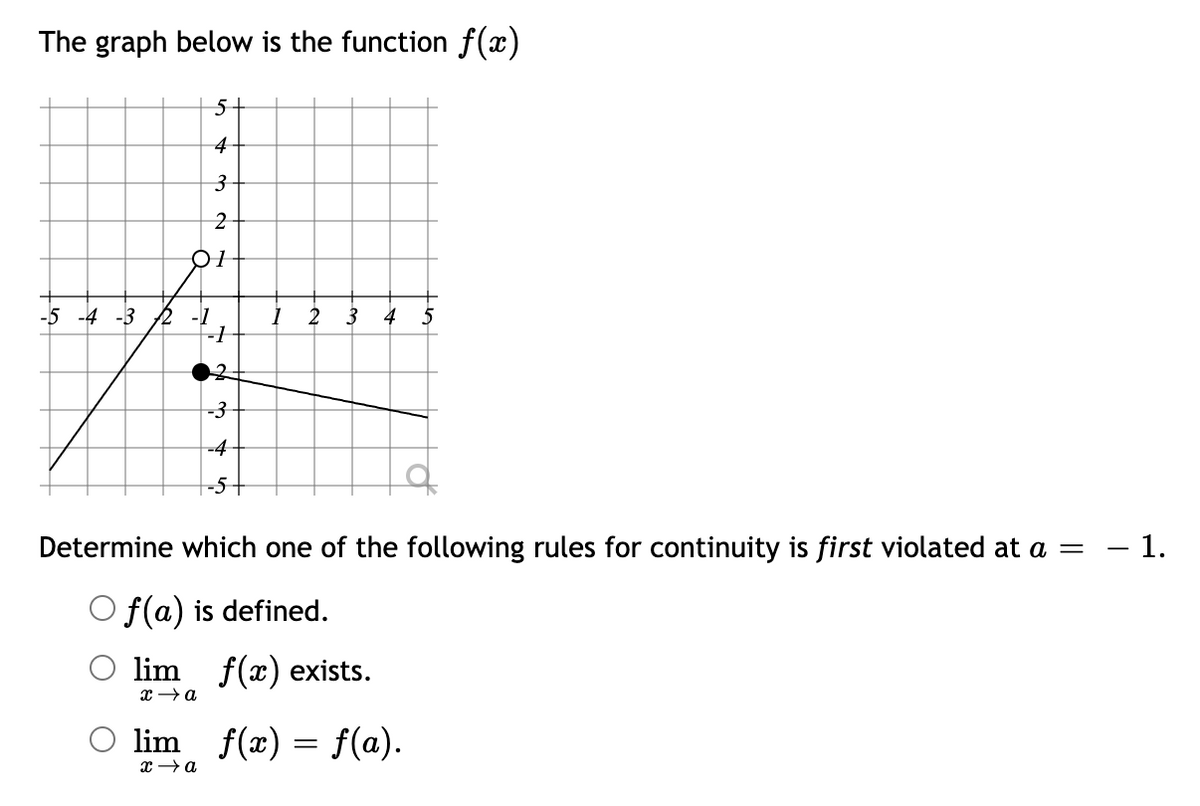 The graph below is the function f(x)
4
3.
-1
-1
1 2
3 4
-5 -4 -3
-3
-4
|-5+
Determine which one of the following rules for continuity is first violated at a =
- 1.
-
f(a) is defined.
lim
f(x) exists.
lim f(x) = f(a).
