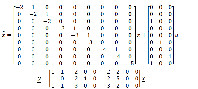 -2
1
го
01
-2
1
0 0
-2
1
-3
1
-3
1
x +
0u
-3
1
-4
1
-4
1
-5.
[1
1
-2
-2 2
y = |1
l1
이프
0 0 -3 2 0 o]
-2
1
-2
1
-3
||
