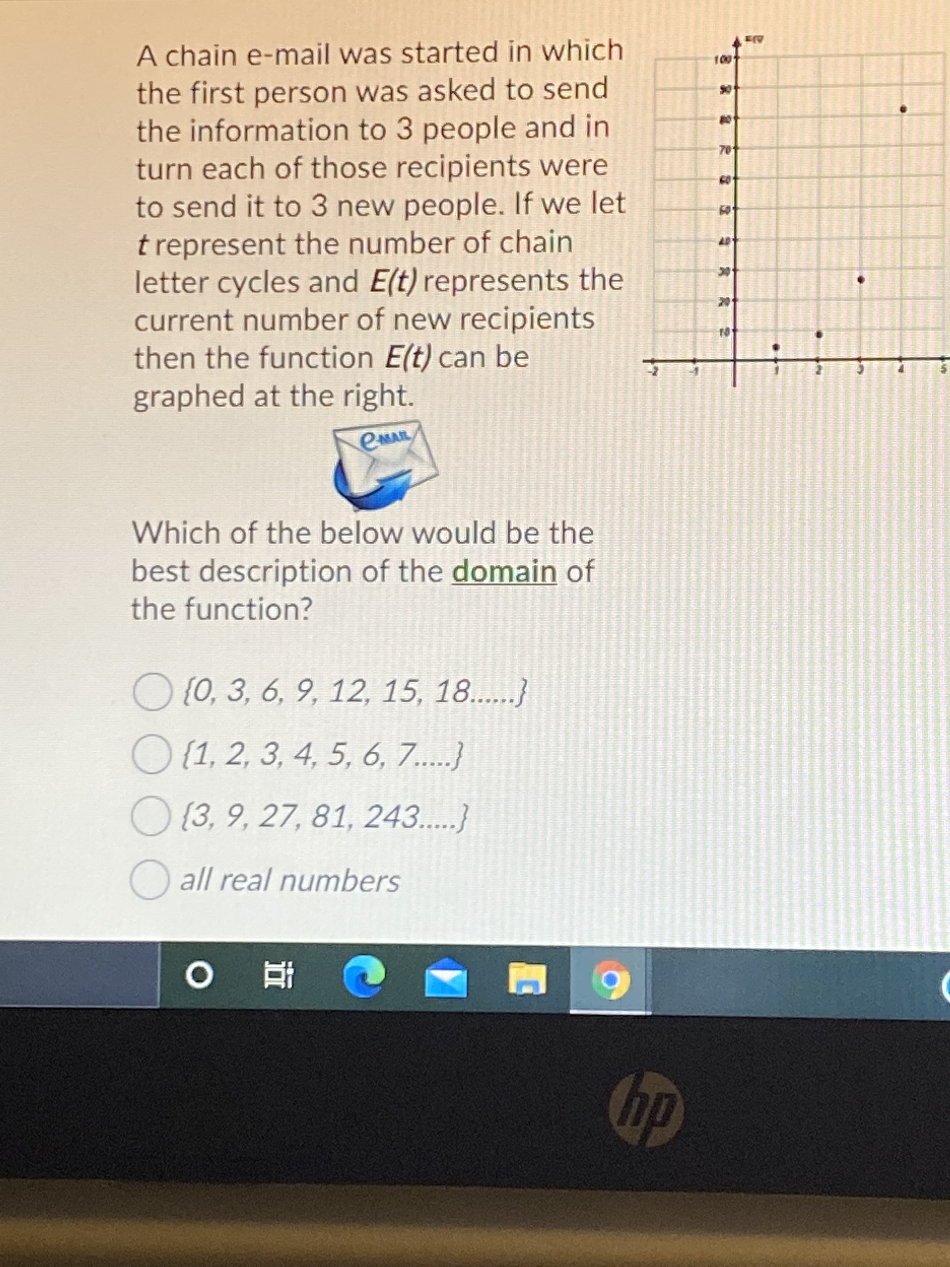 A chain e-mail was started in which
the first person was asked to send
the information to 3 people and in
turn each of those recipients were
to send it to 3 new people. If we let
t represent the number of chain
letter cycles and E(t) represents the
current number of new recipients
then the function E(t) can be
graphed at the right.
70
Which of the below would be the
best description of the domain of
the function?
O {0, 3, 6, 9, 12, 15, 18..}
O (1, 2, 3, 4, 5, 6, 7..}
O {3, 9, 27, 81, 243...}
O all real numbers
查0
dy
