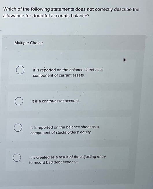 Which of the following statements does not correctly describe the
allowance for doubtful accounts balance?
Multiple Choice
О
It is reported on the balance sheet as a
component of current assets.
It is a contra-asset account.
It is reported on the balance sheet as a
component of stockholders' equity.
It is created as a result of the adjusting entry
to record bad debt expense.