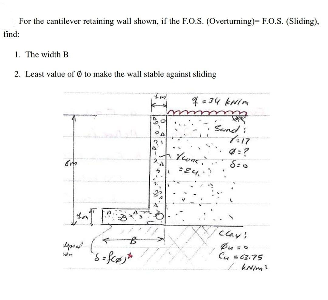 For the cantilever retaining wall shown, if the F.O.S. (Overturning)= F.O.S. (Sliding),
find:
1. The width B
2. Least value of Ø to make the wall stable against sliding
om
INT
deperst.
B
"S=f(Ø)*
5
of=34 kN/m
+ Yeone:
= 24,"
Sand:
8=17
S=0
Clay!
Øn =
Cu = 63.75
HO
/ kN/m²