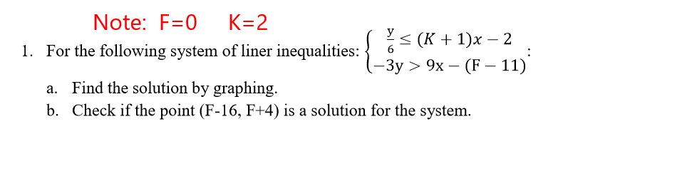 Note: F=0
K=2
< (K + 1)x – 2
1. For the following system of liner inequalities:
3y > 9x – (F – 11)
a. Find the solution by graphing.
b. Check if the point (F-16, F+4) is a solution for the system.
