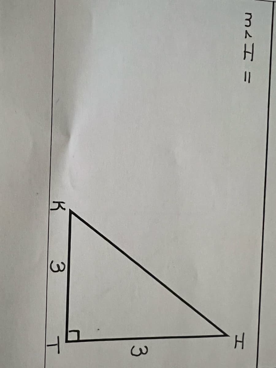 The image contains a geometric diagram featuring a right-angled triangle, labeled with points K, H, and T. 

- The right angle is at point T.
- The side KT measures 3 units.
- The side TH measures 3 units.
- The hypotenuse KH is labeled in the diagram but without a measurement.

There is an additional horizontal line extending from H, annotated with "3H11." This is separate from the triangle and does not appear to relate directly to its dimensions. 

The diagram is likely a part of a mathematical problem, possibly involving calculations related to triangle properties or coordinate geometry.