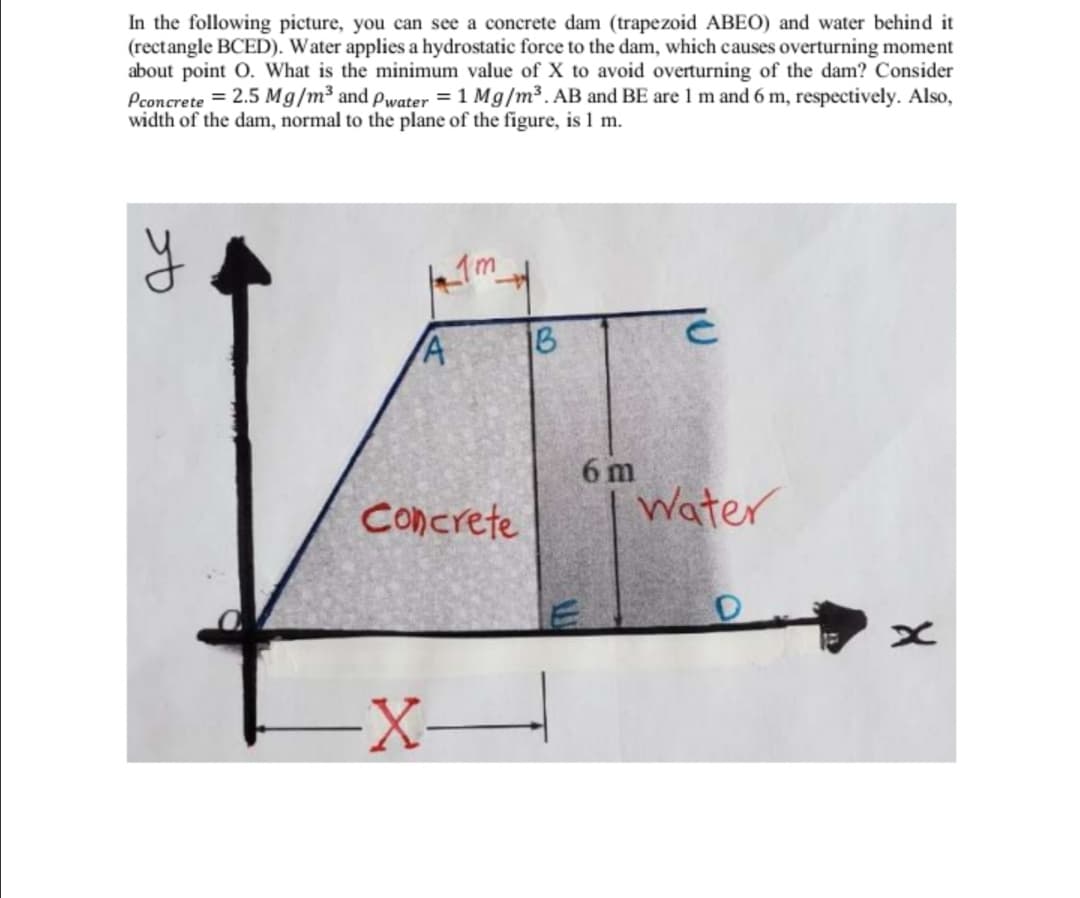 In the following picture, you can see a concrete dam (trapezoid ABEO) and water behind it
(rectangle BCED). Water applies a hydrostatic force to the dam, which causes overturning moment
about point O. What is the minimum value of X to avoid overturning of the dam? Consider
Pconcrete = 2.5 Mg/m³ and pwater = 1 Mg/m³. AB and BE are 1 m and 6 m, respectively. Also,
width of the dam, normal to the plane of the figure, is 1 m.
1B
6 m
Concrete
Water
-
