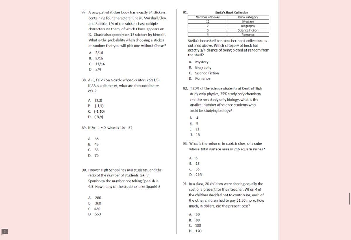 87. A paw patrol sticker book has exactly 64 stickers,
91.
Stella's Book Collection
Book category
Mystery
Biography
Science Fiction
containing four characters: Chase, Marshall, Skye
Number of books
12
and Rubble. 1/4 of the stickers has multiple
characters on them, of which Chase appears on
7
%. Chase also appears on 12 stickers by himself.
What is the probability when choosing a sticker
4
Romance
Stella's bookshelf contains her book collection, as
outlined above. Which category of book has
exactly 1/4 chance of being picked at random from
at random that you will pick one without Chase?
А. 5/16
the shelf?
В. 9/16
С. 11/16
D. 3/4
A. Mystery
B. Biography
C. Science Fiction
88. A (5,1) lies on a circle whose center is O (1,5).
D. Romance
If AB is a diameter, what are the coordinates
92. If 20% of the science students at Central High
of B?
study only physics, 25% study only chemistry
and the rest study only biology, what is the
smallest number of science students who
А. (3,3)
В. (-1,5)
С. (1,10)
D. (-3,9)
could be studying biology?
А. 4
В. 9
89. If 2x - 1 = 9, what is 10x - 5?
С. 11
D. 15
А. 35
В. 45
93. What is
volume,
cubic inches,
cu
С. 55
whose total surface area is 216 square inches?
D. 75
А. 6
В. 18
С. 36
90. Hoover High School has 840 students, and the
ratio of the number of students taking
D. 216
Spanish to the number not taking Spanish is
94. In a class, 20 children were sharing equally the
cost of a present for their teacher. When 4 of
4:3. How many of the students take Spanish?
the children decided not to contribute, each of
A. 280
the other children had to pay $1.50 more. How
В. 360
much, in dollars, did the present cost?
C. 480
D. 560
А. 50
B. 80
С. 100
D. 120
