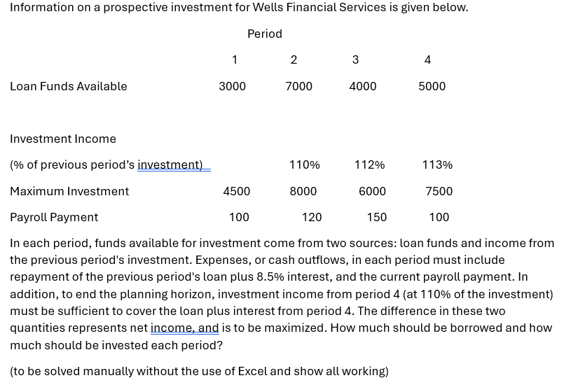 Information on a prospective investment for Wells Financial Services is given below.
Period
1
2
3
4
Loan Funds Available
3000
7000
4000
5000
Investment Income
(% of previous period's investment)
Maximum Investment
Payroll Payment
110%
112%
113%
4500
8000
6000
7500
100
120
150
100
In each period, funds available for investment come from two sources: loan funds and income from
the previous period's investment. Expenses, or cash outflows, in each period must include
repayment of the previous period's loan plus 8.5% interest, and the current payroll payment. In
addition, to end the planning horizon, investment income from period 4 (at 110% of the investment)
must be sufficient to cover the loan plus interest from period 4. The difference in these two
quantities represents net income, and is to be maximized. How much should be borrowed and how
much should be invested each period?
(to be solved manually without the use of Excel and show all working)