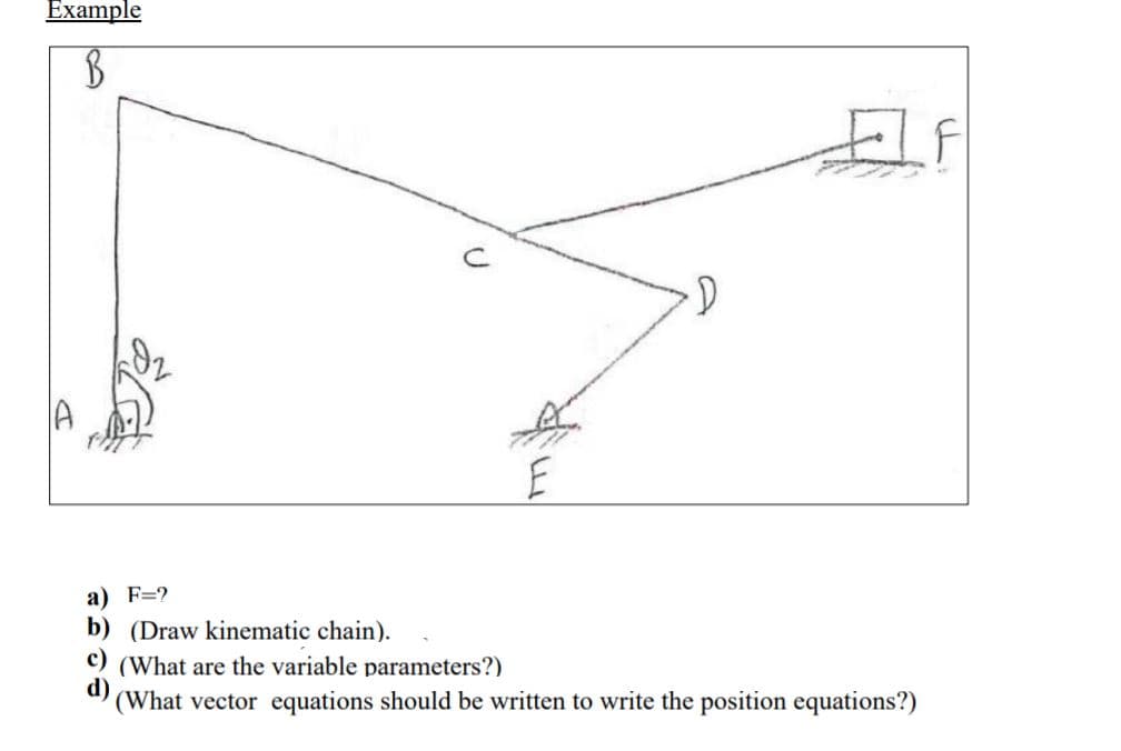 Еxample
a) F=?
b) (Draw kinematic chain).
c)
(What are the variable parameters?)
d)
(What vector equations should be written to write the position equations?)
