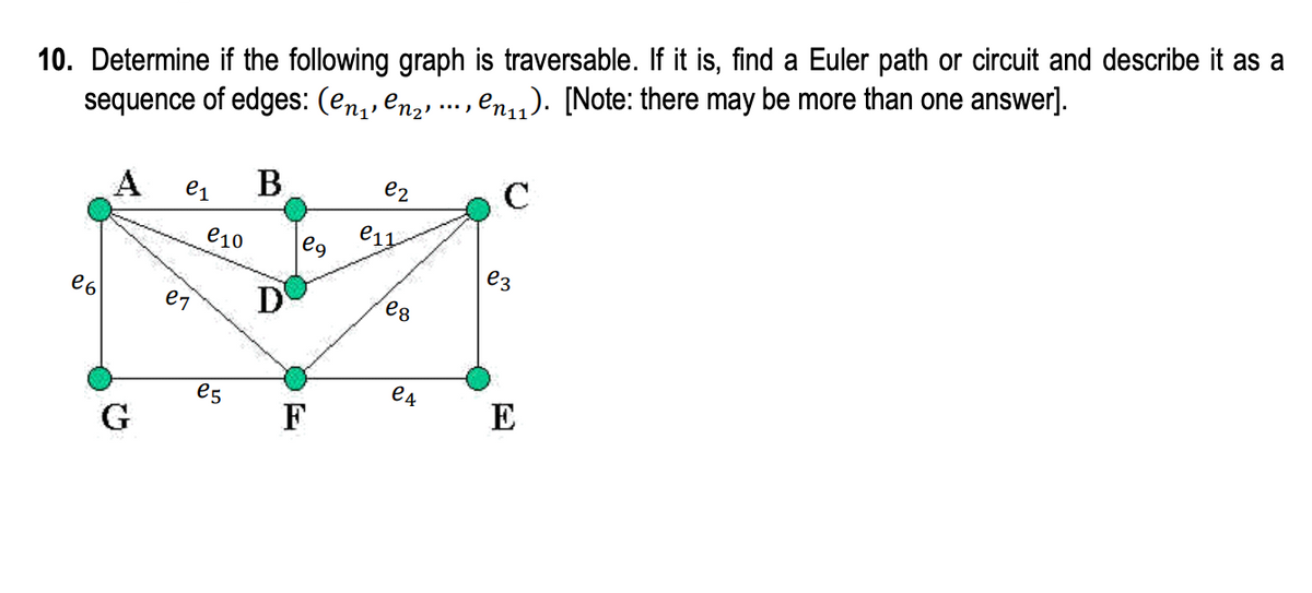 10. Determine if the following graph is traversable. If it is, find a Euler path or circuit and describe it as a
sequence of edges: (en₁, en₂, ..., en₁1). [Note: there may be more than one answer].
A
e6
G
e₁ B
e10
e7
e5
D
eg
F
e2
e11
es
e4
C
e3
E