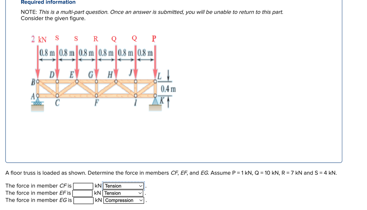 Required information
NOTE: This is a multi-part question. Once an answer is submitted, you will be unable to return to this part.
Consider the given figure.
2 kN
S
S
R Q
Q
P
0.8 m 0.8 m 0.8 m 0.8 m 0.8 m 0.8 m
D
E
GH
Bo
Απ
C
0.4 m
A floor truss is loaded as shown. Determine the force in members CF, EF, and EG. Assume P = 1 kN, Q = 10 kN, R = 7 kN and S = 4 kN.
The force in member CF is
The force in member EF is
The force in member EG is
KN Tension
KN | Tension
KN Compression
✓