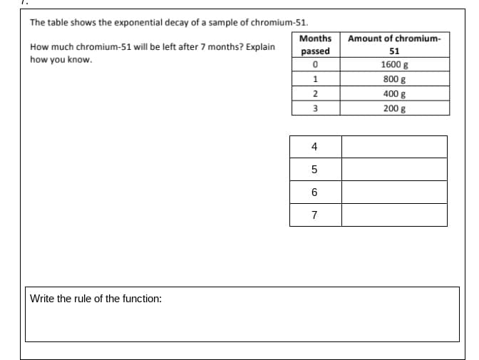 The table shows the exponential decay of a sample of chromium-51.
Months
Amount of chromium-
How much chromium-51 will be left after 7 months? Explain
how you know.
passed
51
1600 g
800 g
1
2
400 g
3
200 g
4
7
Write the rule of the function:
