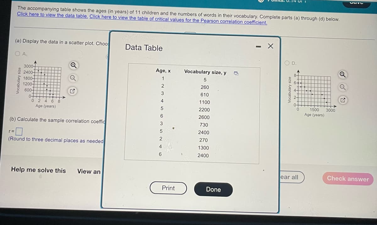 The accompanying table shows the ages (in years) of 11 children and the numbers of words in their vocabulary. Complete parts (a) through (d) below.
Click here to view the data table. Click here to view the table of critical values for the Pearson correlation coefficient.
(a) Display the data in a scatter plot. Choo
Data Table
O A.
O D.
3000-
2400-
Age, x
Vocabulary size, y
8-
1800-
1200-
600-
1
5
6-
260
4-
3
610
0-
2-
6
8
4
1100
Age (years)
2200
1500
3000
6.
Age (years)
(b) Calculate the sample correlation coeffic
2600
3
730
2400
(Round to three decimal places as needed
270
4
1300
2400
Help me solve this
View an
ear all
Check answer
Print
Done
Vocabulary size
ZIs AJeingepo/
