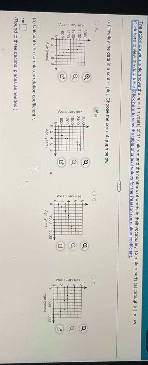 The accompanying table shows the ages (in years) of 11 children and the numbers of words in their vocabulary. Complete parts (a) through (d) below.
Click here to view the data table. Click here to view the table of critical values for the Pearson correlation coefficient.
(a) Display the data in a scatter plot. Choose the correct graph below.
O A.
B.
Oc.
OD.
3000-
2400-
1800-
3000-
8-
2400-
6-
6-
1800-
1200-
1200-
4-
600-
600-
2-
2-
0-
0-
2 4
1500
3000
1500
3000
Age (years)
Age (years)
Age (years)
Age (years)
(b) Calculate the sample correlation coefficient r.
(Round to three decimal places as needed.)
