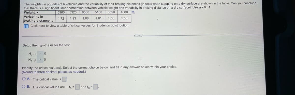 The weights (in pounds) of 6 vehicles and the variability of their braking distances (in feet) when stopping on a dry surface are shown in the table. Can you conclude
that there is a significant linear correlation between vehicle weight and variability in braking distance on a dry surface? Use a = 0.01.
Weight, x
Variability in
braking distance, y
5960 5320
6500
5100
5850
4800
1.72
1.93
1.88
1.61
1.66
1.50
E Click here to view a table of critical values for Student's t-distribution.
Setup the hypothesis for the test.
Ho:p = 0
Haip # 0
Identify the critical value(s). Select the correct choice below and fill in any answer boxes within your choice.
(Round to three decimal places as needed.)
A. The critical value is
O B. The critical values are - to =
and to =
