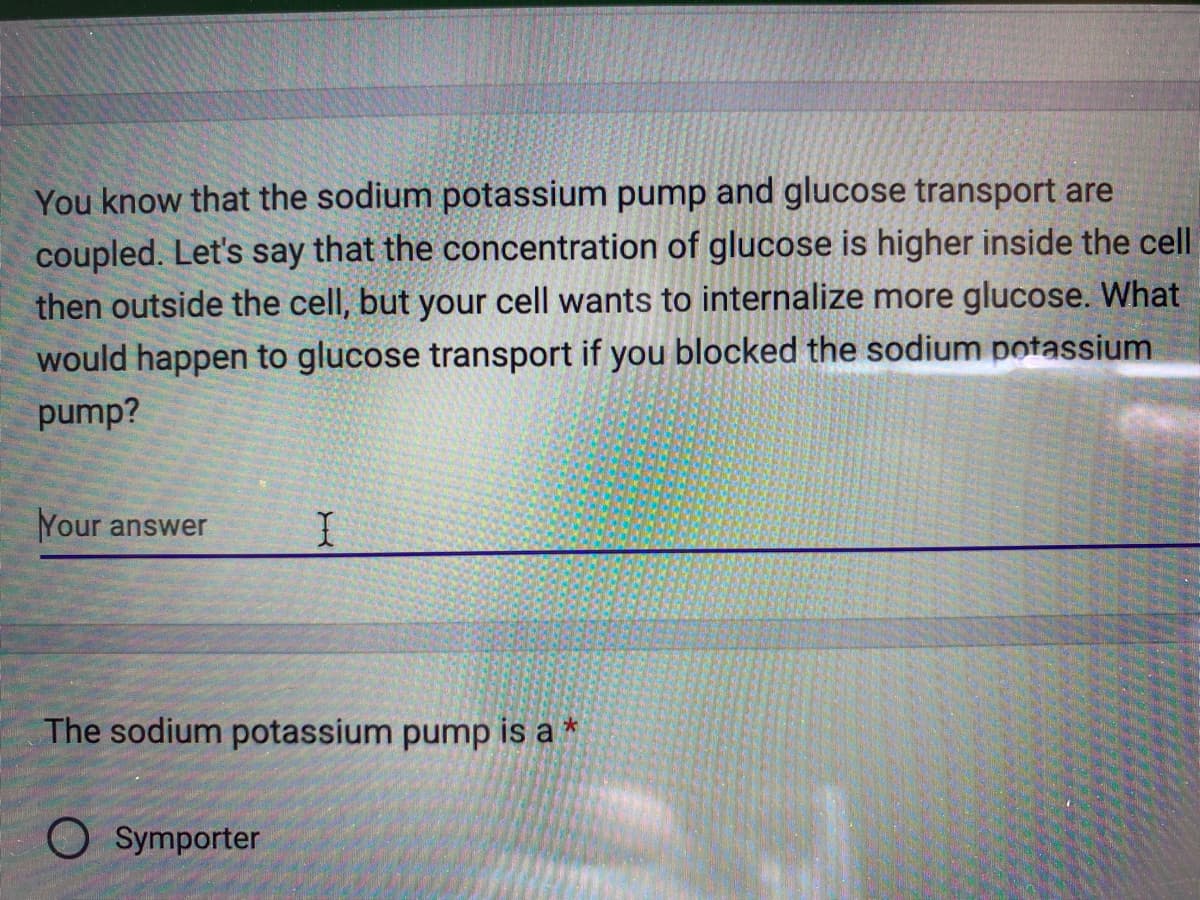 You know that the sodium potassium pump and glucose transport are
coupled. Let's say that the concentration of glucose is higher inside the cell
then outside the cell, but your cell wants to internalize more glucose. What
would happen to glucose transport if you blocked the sodium potassium
pump?
Your answer
I
The sodium potassium pump is a *
Symporter
20