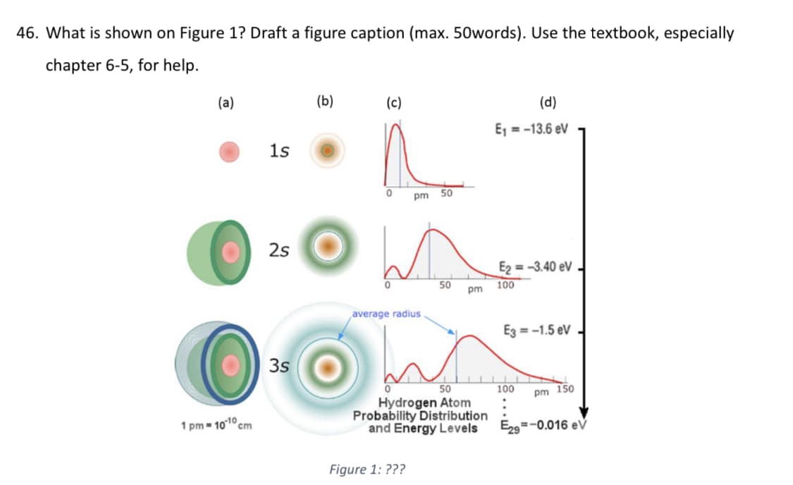 46. What is shown on Figure 1? Draft a figure caption (max. 50words). Use the textbook, especially
chapter 6-5, for help.
(a)
1 pm-10-10
cm
1s
2s
3s
(b)
(c)
0 pm
average radius
0
50
Figure 1: ???
50
50
Hydrogen Atom
Probability Distribution
and Energy Levels
pm
(d)
E₁-13.6 eV
E₂ = -3.40 ev
100
E3 = -1.5 eV
100
pm 150
29=-0.016 eV