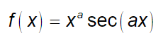 ### Mathematical Function Representation

The given image shows a mathematical function written in standard algebraic notation. The function \( f(x) \) is defined as follows:

\[ f(x) = x^a \sec(ax) \]

Here is a breakdown of the components of the function:

1. **\( f(x) \)**: This denotes a function \( f \) with \( x \) as the independent variable.
2. **\( x^a \)**: This term represents \( x \) raised to the power of \( a \), where \( a \) is a constant exponent.
3. **\( \sec(ax) \)**: This term involves the secant function, \( \sec \), which is the reciprocal of the cosine function. It is written as \( \sec(ax) \), indicating that the argument of the secant function is \( ax \), where \( a \) is a constant coefficient.

### Explanation of Components

- **Exponentiation**: The part \( x^a \) describes exponential growth or decay depending on the value of \( a \). If \( a \) is positive, the term \( x^a \) increases as \( x \) increases. If \( a \) is negative, \( x^a \) decreases as \( x \) increases.
  
- **Secant Function**: The secant of an angle (or argument) is the reciprocal of its cosine. That is:
  \[
  \sec(\theta) = \frac{1}{\cos(\theta)}
  \]
  Applied in the given function with \( ax \) as the argument, it accounts for periodic behavior that has asymptotic points where the cosine function is zero (since division by zero is undefined).

### Implications and Usage

The combination of a power function \( x^a \) with a secant function \( \sec(ax) \) can model various phenomena in physics and engineering where both growth and periodic behavior are observed. The function is also used in mathematical analysis for solving differential equations and evaluating integrals involving trigonometric identities.

### Visualization

While the image does not contain any graphs or diagrams, visualizing this function would reveal:
- **Oscillations**: Due to the \( \sec(ax) \) term, the function will have vertical asymptotes where \( \cos(ax) \) is zero.
- **Growth/Decay Behavior**: Depending on the value of