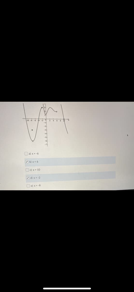 -7
O a) x- -6
V b) x = 6
Oc) x - 10
V d) x= -2
Oe) x = -8
