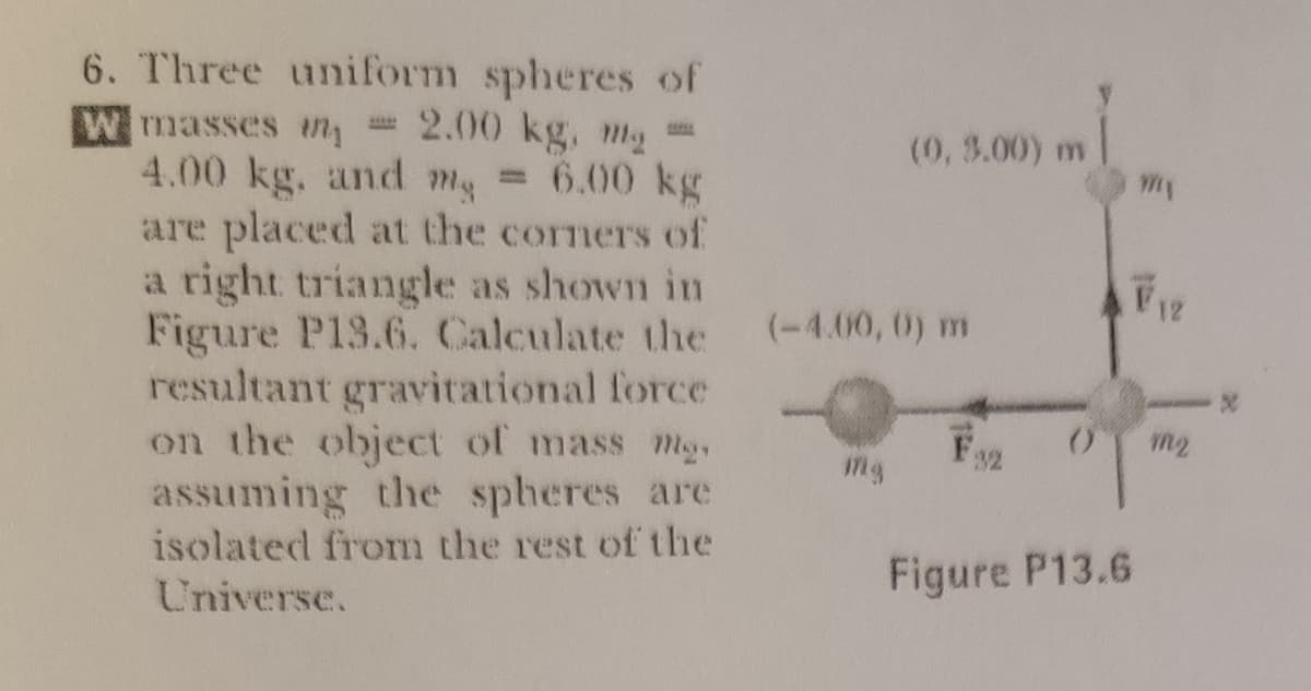 6. Three uniform spheres of
W masses in, = 2.00 kg, my =
4.00 kg. and mg 6.00 kg
are placed at the cornerS of
a right triangle as shown in
Figure P13.6. Calculate the
resultant gravitational force
on the object of mass my,
assuming the spheres are
isolated from the rest of the
Universe.
(0, 3.00) m
%3D
(-4.00, 0) m
F
Figure P13.6
